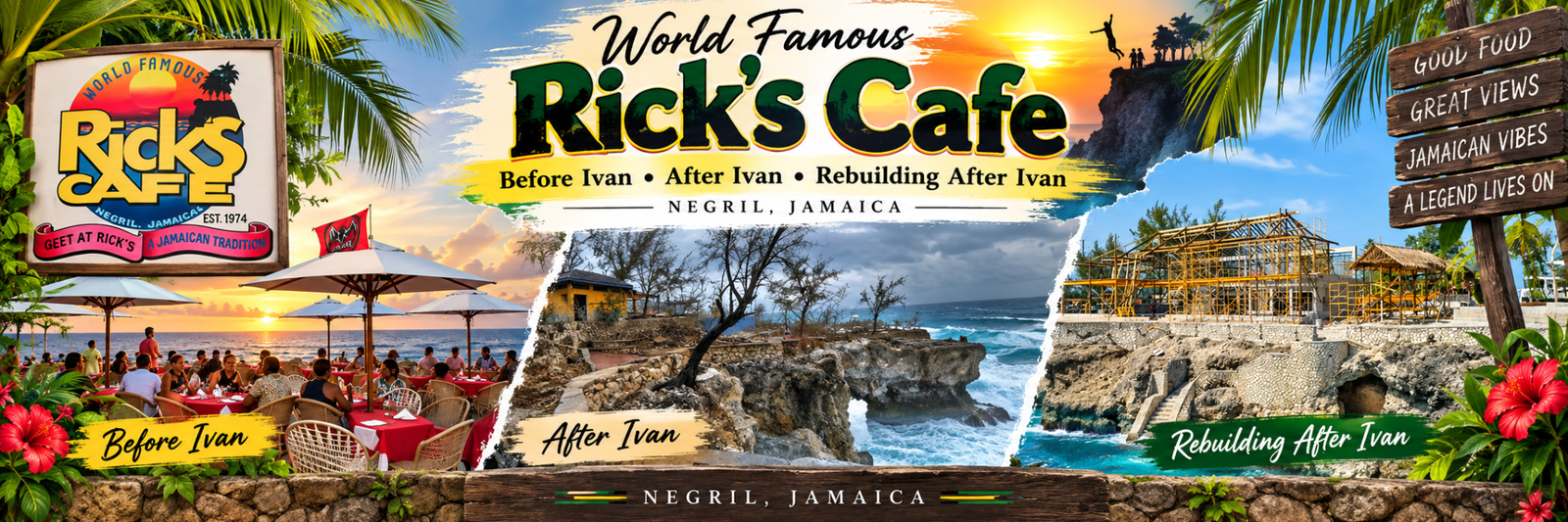 World Famous Rick's Cafe before Hurricane Ivan, after Ivan and rebuilding after Ivan